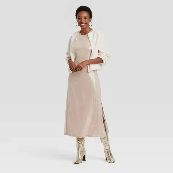 A New Day Women's Sequin Midi A-Line Dress Halter Neckline Side Slit Tan XXL - Picture 3 of 4